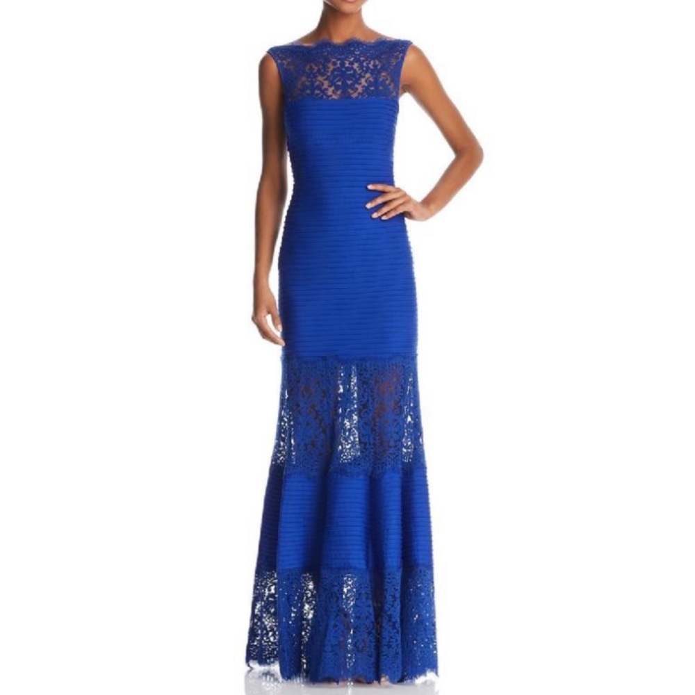 Tadashi Shoji sapphire blue lace illusion maxi